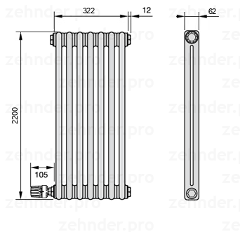 Схема (чертеж) Радиатор Zehnder Charleston 2220/7 №V004 Белый глянцевый RAL 9016